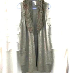 DKNY Cardigan Sweater Grey Vest Duster Faux Fur Neckline Sz L